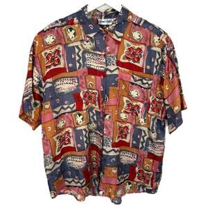 Vintage Silk Abstract Pattern Short Sleeve Button Up Shirt - Women's Size XL